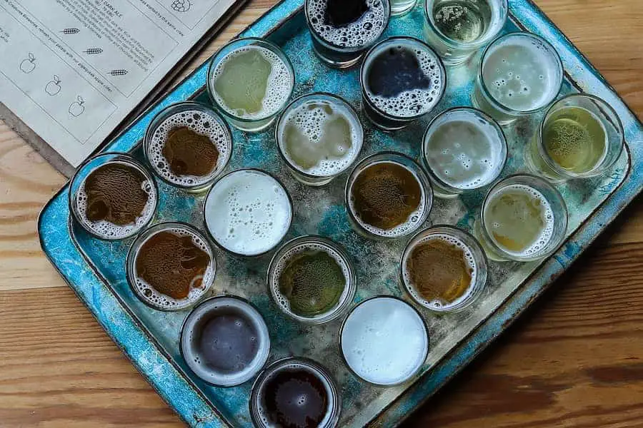 Different glasses of beer in a tray