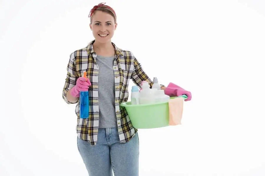 An image of a woman carrying cleaning solution