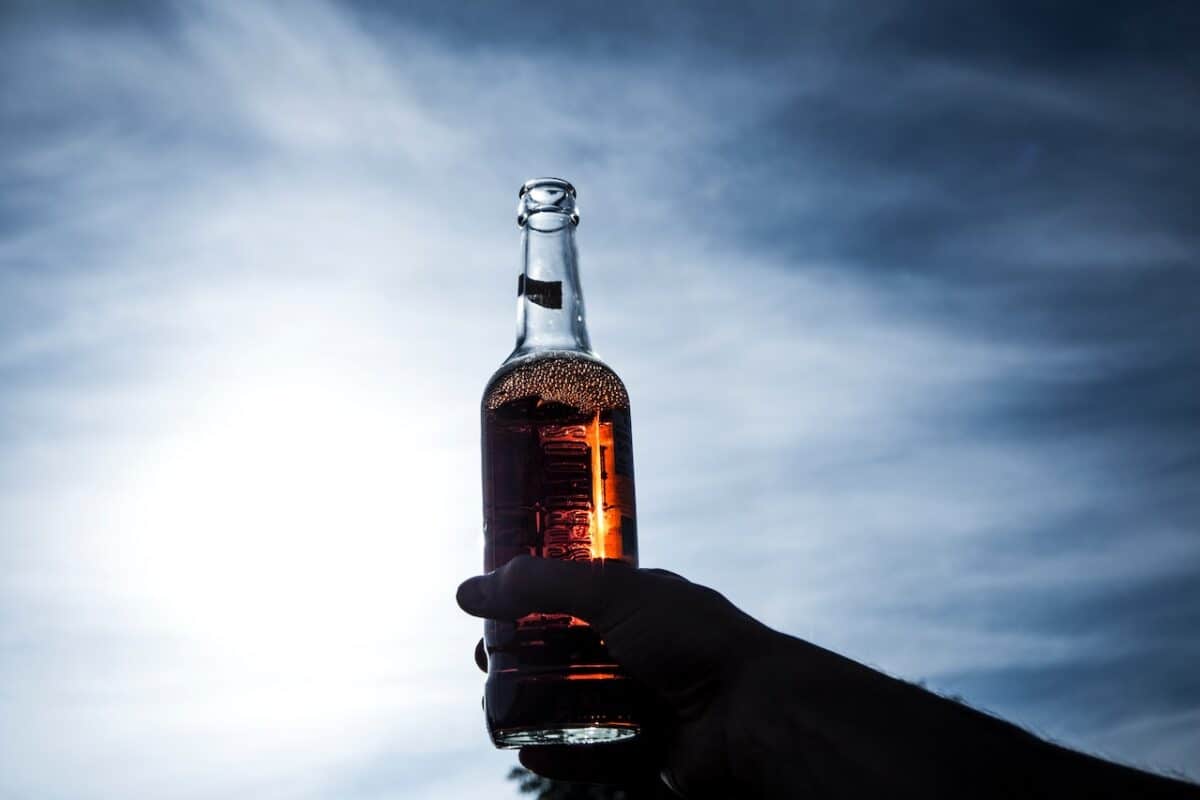 A person holding a bottle of beer and raising it to the sky