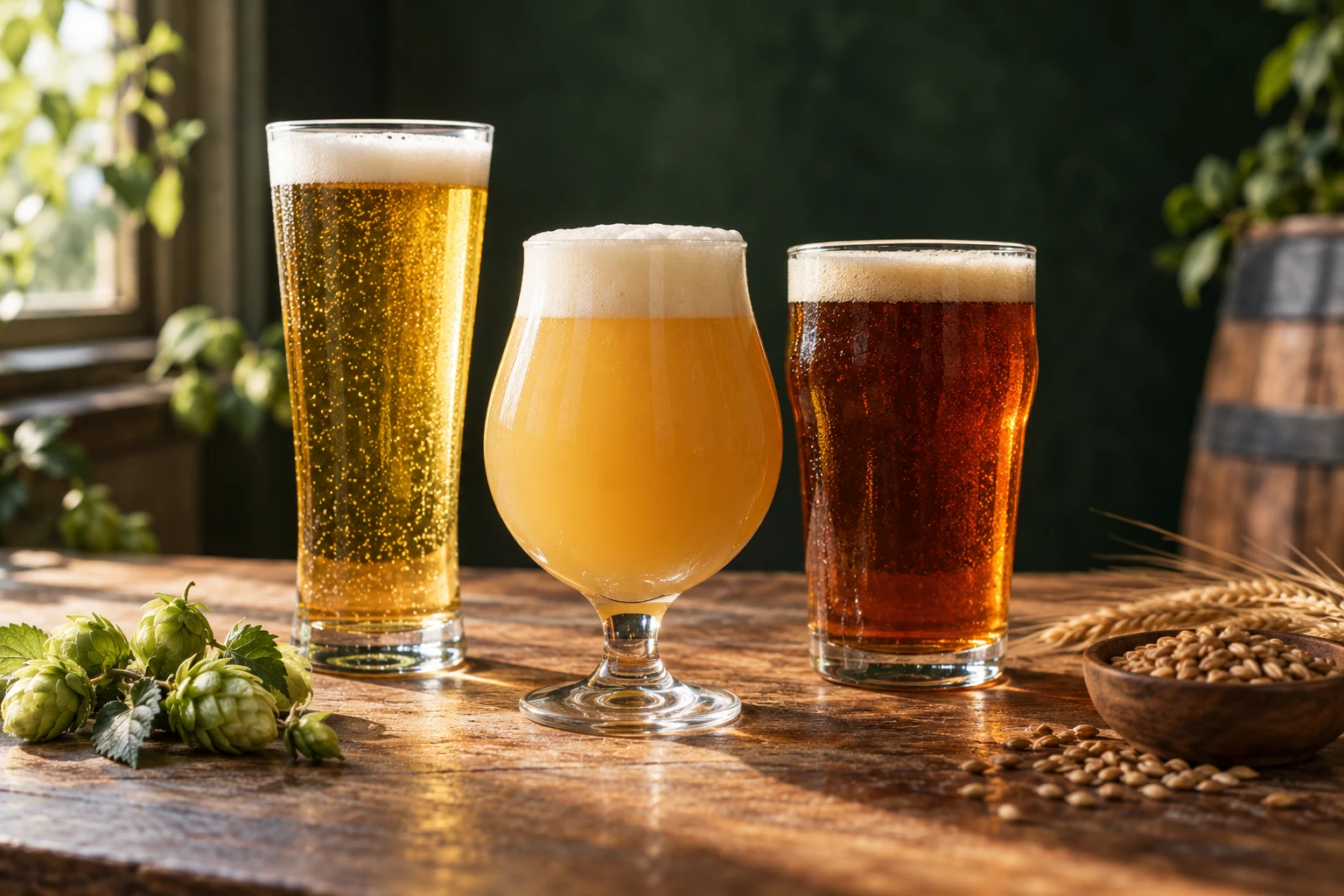 Editorial illustration of three beers with hops and barley on a brewery table